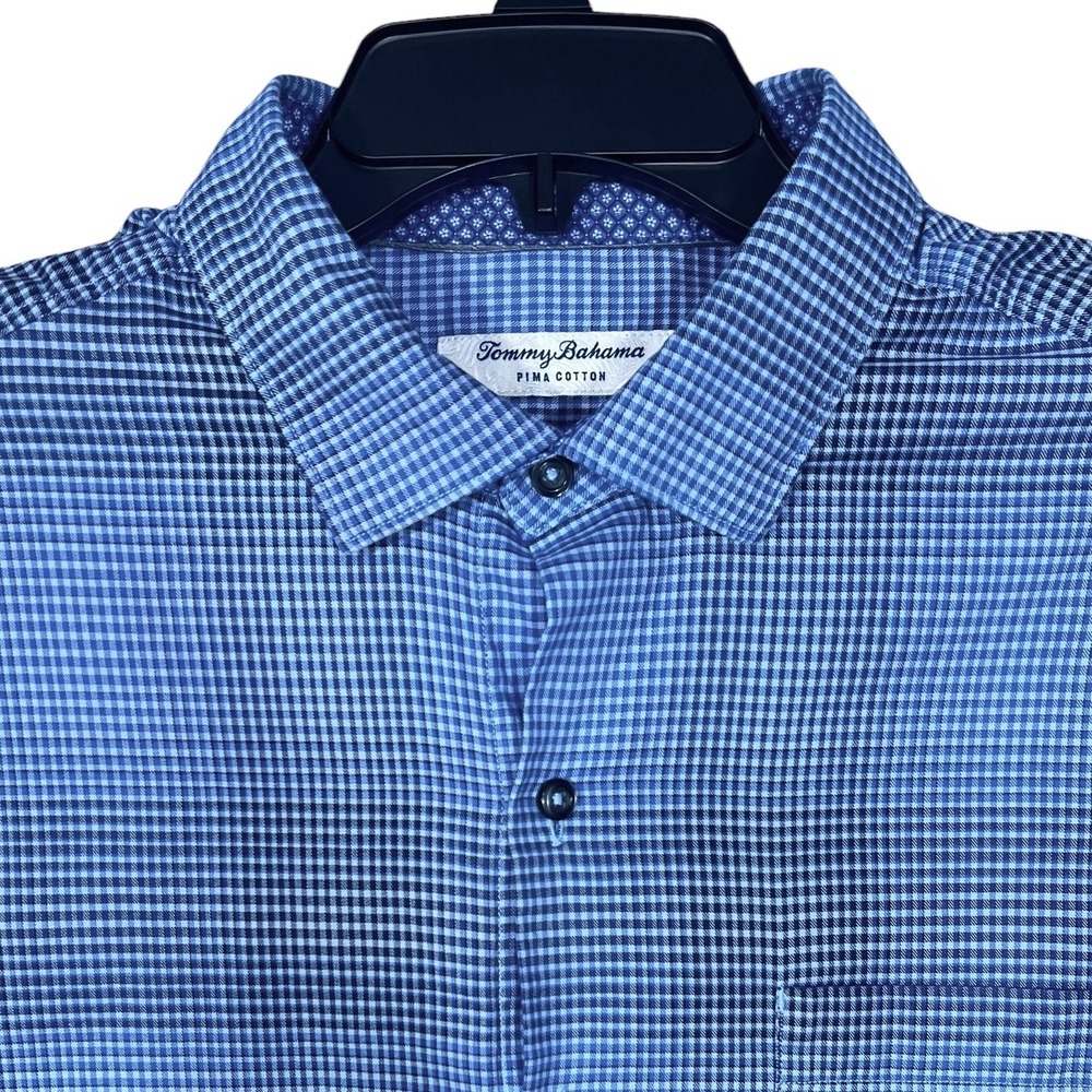 Tommy Bahama Button Down Shirt Mens Medium Blue Pima Cotton Micro Check Long Slv